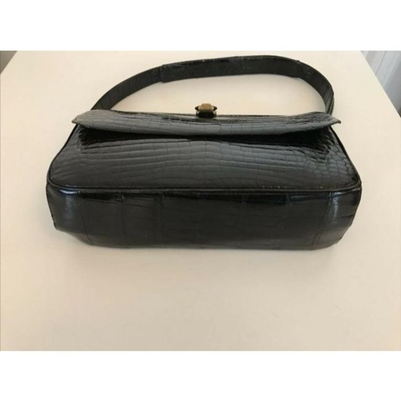 Lancel Navy Crocodile Leather Boxy Hinged Top Bag - Picture 3 of 6